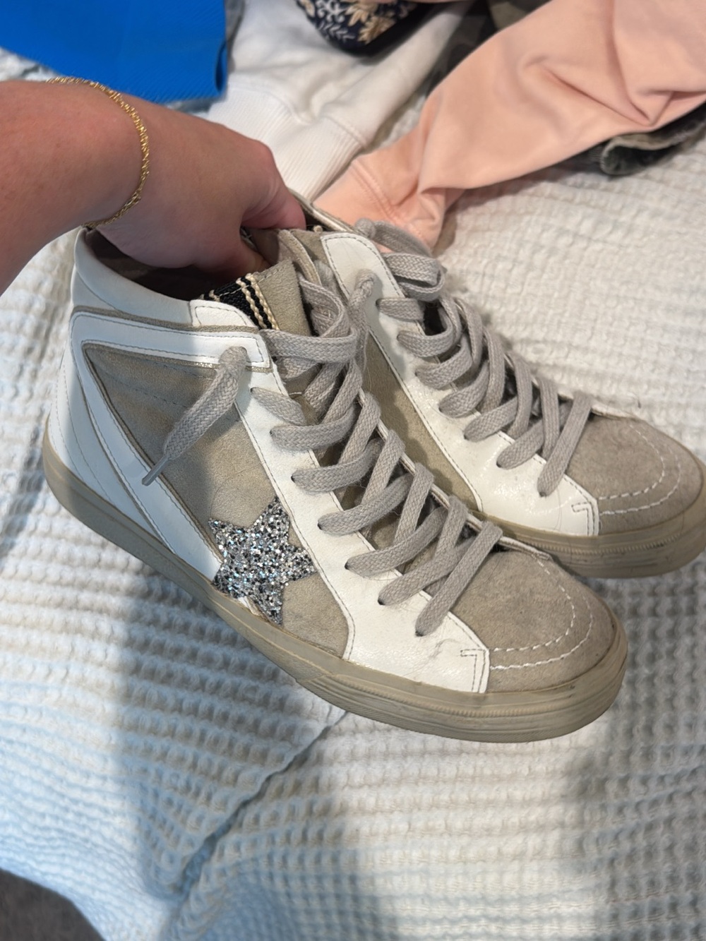 Vintage Havana Beige and White High-Top Sneakers with Silver Star